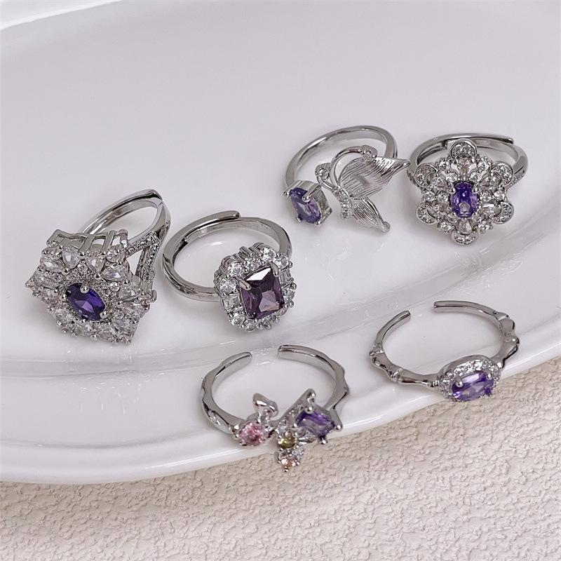 Purple Series Zir*****Pen Ring, Sweet Color Treasure, Fashionable French Light Luxury, High Sense, Full Of Diamond Rings, Female Tide