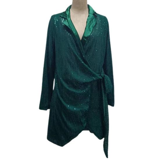 Damska sukienka na studniówkę z klapami, dekoltem w szpic, sznurowana, wiązana wąska talia, błyszcząca, cekinowa, z długim rękawem, slim fit, jednokolorowa, nieregularna, mini sukienka dojazdowa