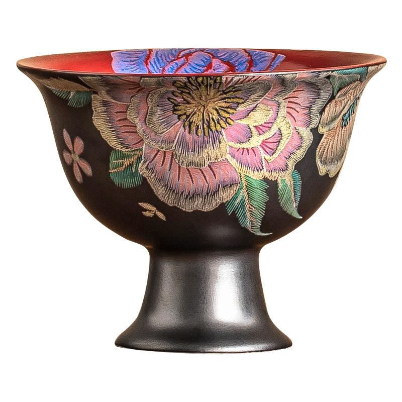 Kesi Handmade Flower Teacups Ceramic Black Master Cups High Foot Cup Chinese Kung Fu Tea Sets Household Tea Ceremony Teaware