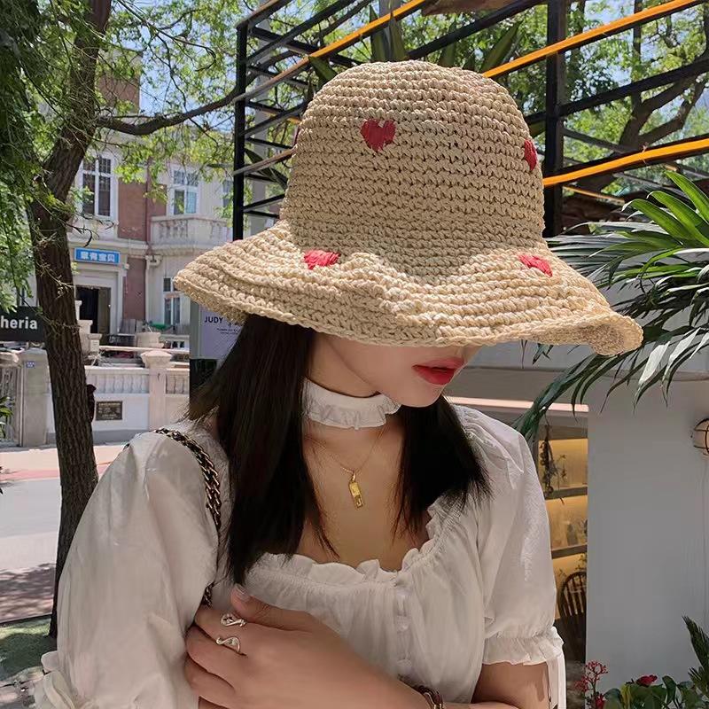 Wave edge big eaves straw woven fisherman hat children summer woven love straw hat beach breathable sunshade sun protection basin hat