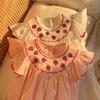 Girls Summer Cotton Dress With Strawberry Embroidery Sweet Cap Sleeve Round Neck Kids Princess Party Casual Sundress