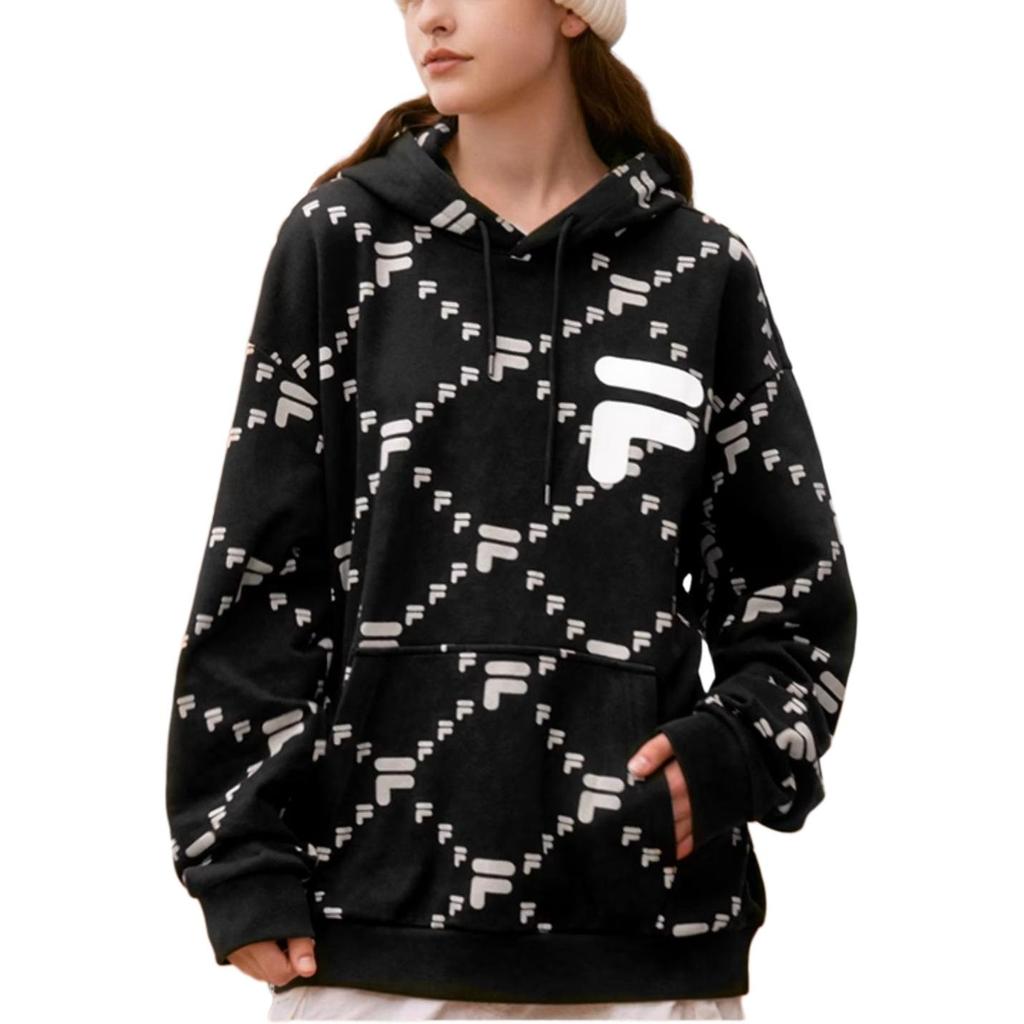 Fila Fusion Tokyo Studio Sports Lifestyle Series All Over Logo Print Pullover Hoodie Unisex hoodies Deep-Black T11U216205FBK
