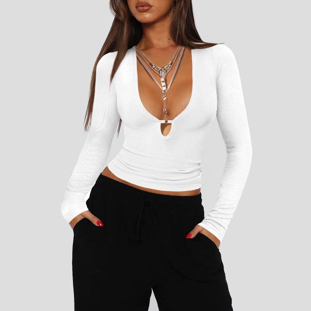 Herbst 2025 Y2K Tief V-Ausschnitt Cutout Sexy Slim Fit Langarm Strickpullover