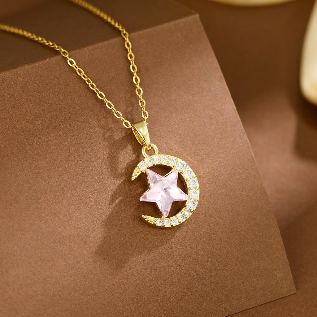 1pc Stainless Steel Moon Shaped Pendant Necklace Adorned With Rhinestones, Great Gift For Women