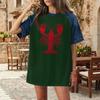 Women's Casual Denim Patchwork Short Sleeve T-Shirt Loose Fit Crew Neck Summer Spring Fashion Top Lobster Print