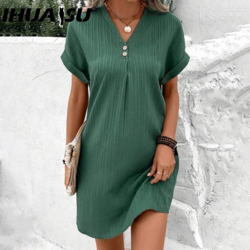 IHUASU Summer Women Dress V Neck Button Short Sleeve Loose Solid Pullover Casual Daily Wear Mini Dress