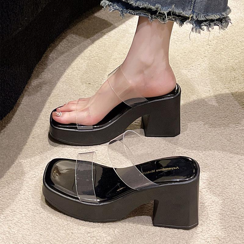 Transparent one-word sandals waterproof table thick-soled thick-heeled cool slippers women's summer wear 2025 new high-heeled slippers