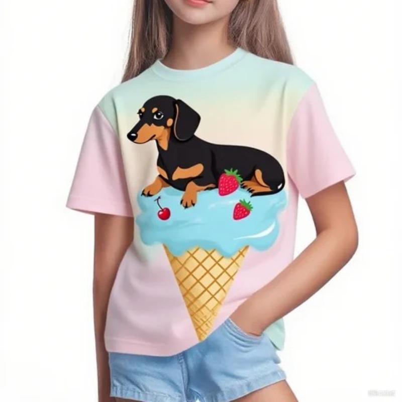 Children's Cartoon Sausage Puppy Print Cute Multi-color T-shirts Girls Fashionable Soft Comfortable T-shirt