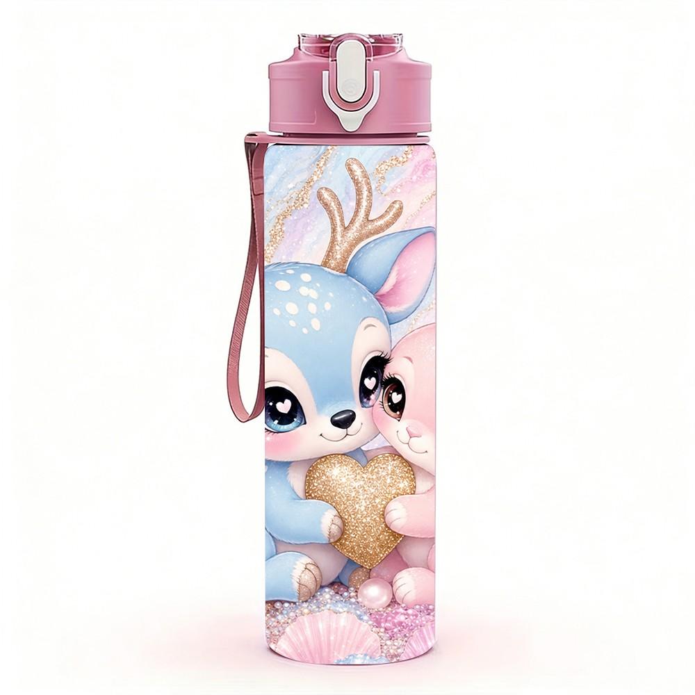 1PC Cute Deer Fawn Pastel Art 750ml Color Plastic Sports Water Bottle Leakproof Flip Straw Lid Suitable for Sports Office Home Use