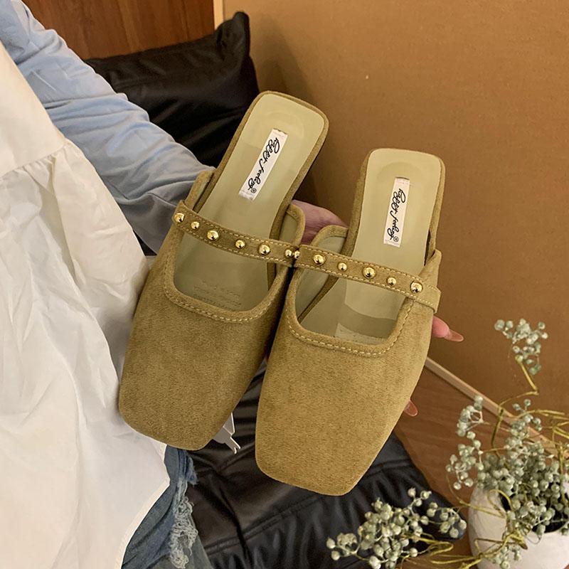

Модные женские весенне-летние пляжные шлепанцы, модные женские шлепанцы на плоской подошве с заклепками, повседневные женские шлепанцы-сандалии, мюли 35 зелёный