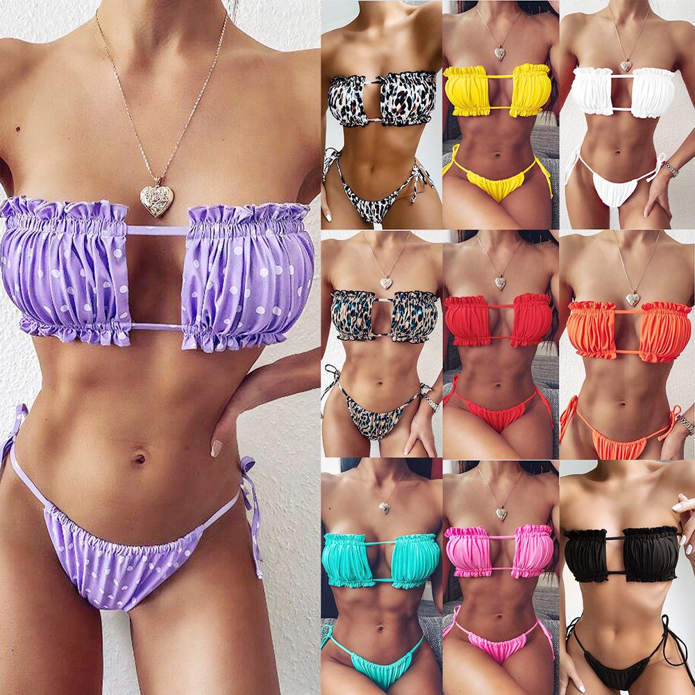 Pleated Tube Briefs Set Sexy G-string Bra Leopard Swimsuit