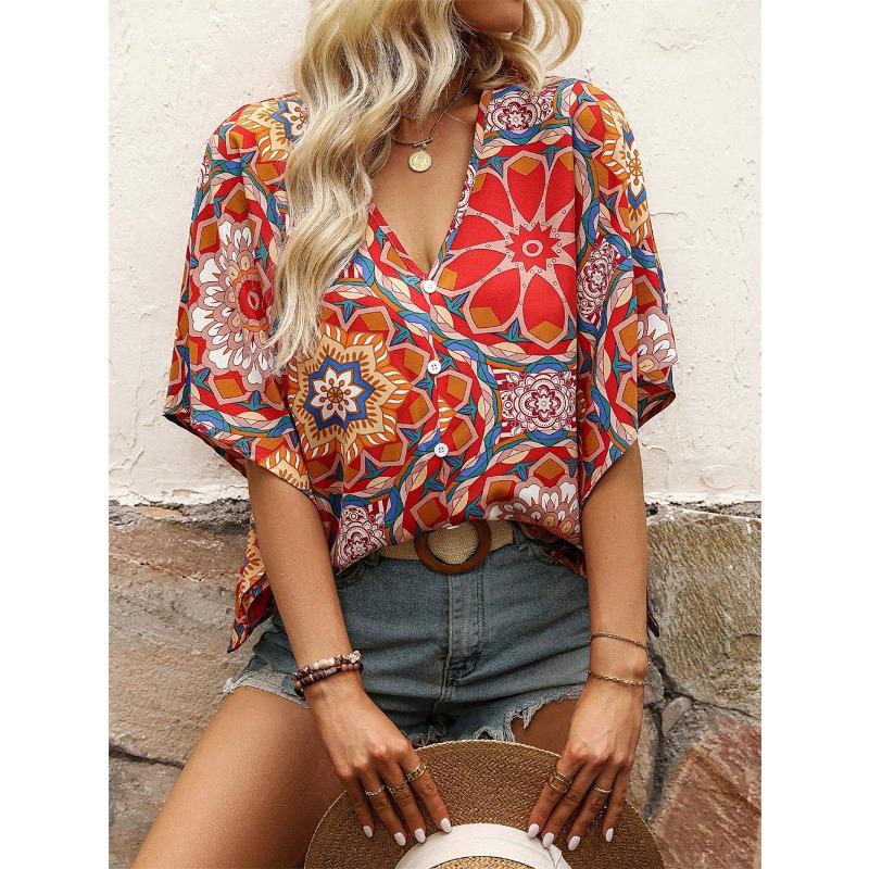Summer new printed T-shirt bat sleeve women's shirt top V-neck short sleeve