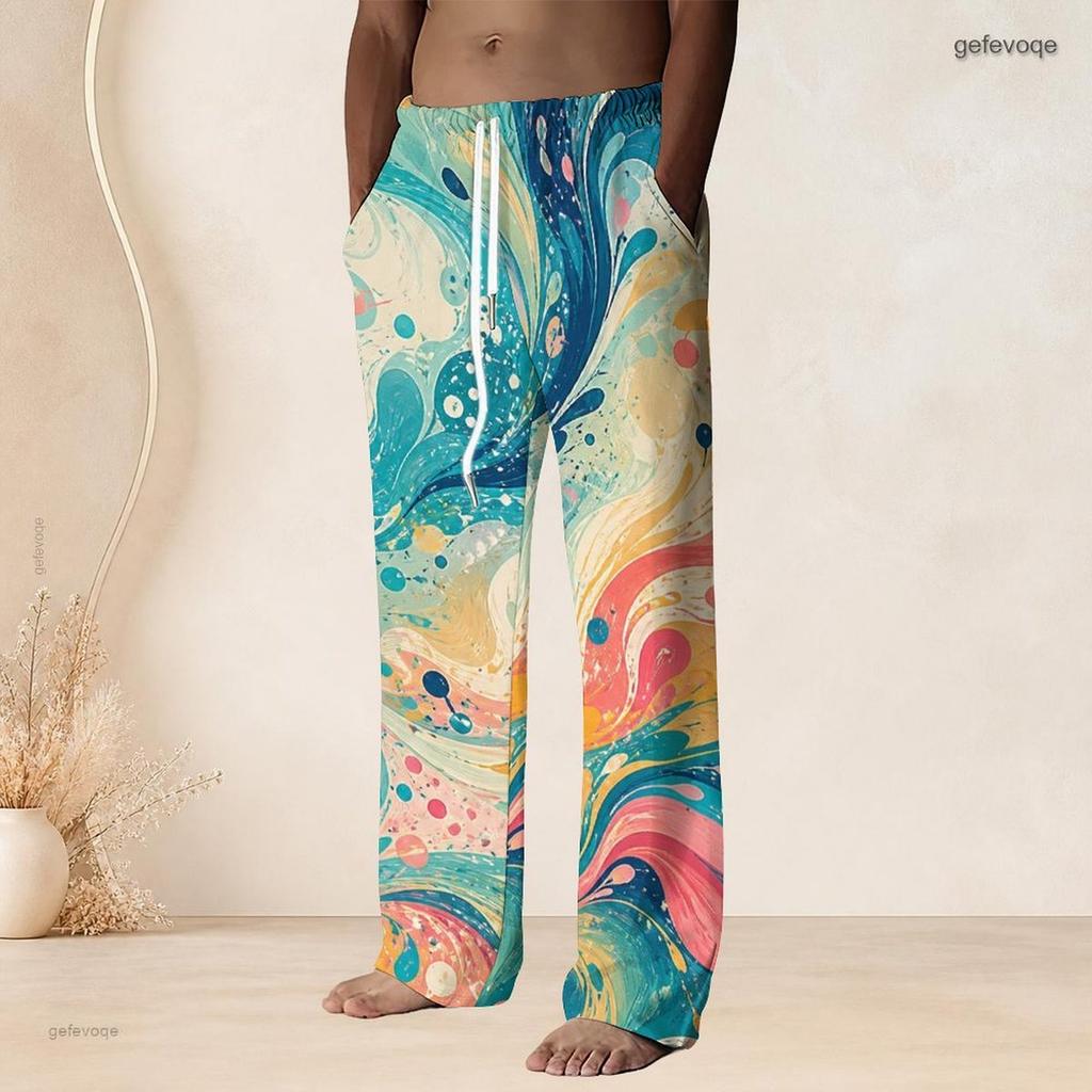 Men Plus Size Drawstring Waist Black Pink Printed Straight Leg Full Length Beach Pants