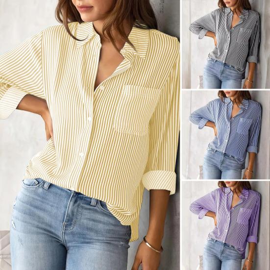 Women Shirt Lapel Long Sleeve Single Breasted Shirt Tops with Patch Pocket Loose Fit Breathable Office Tops