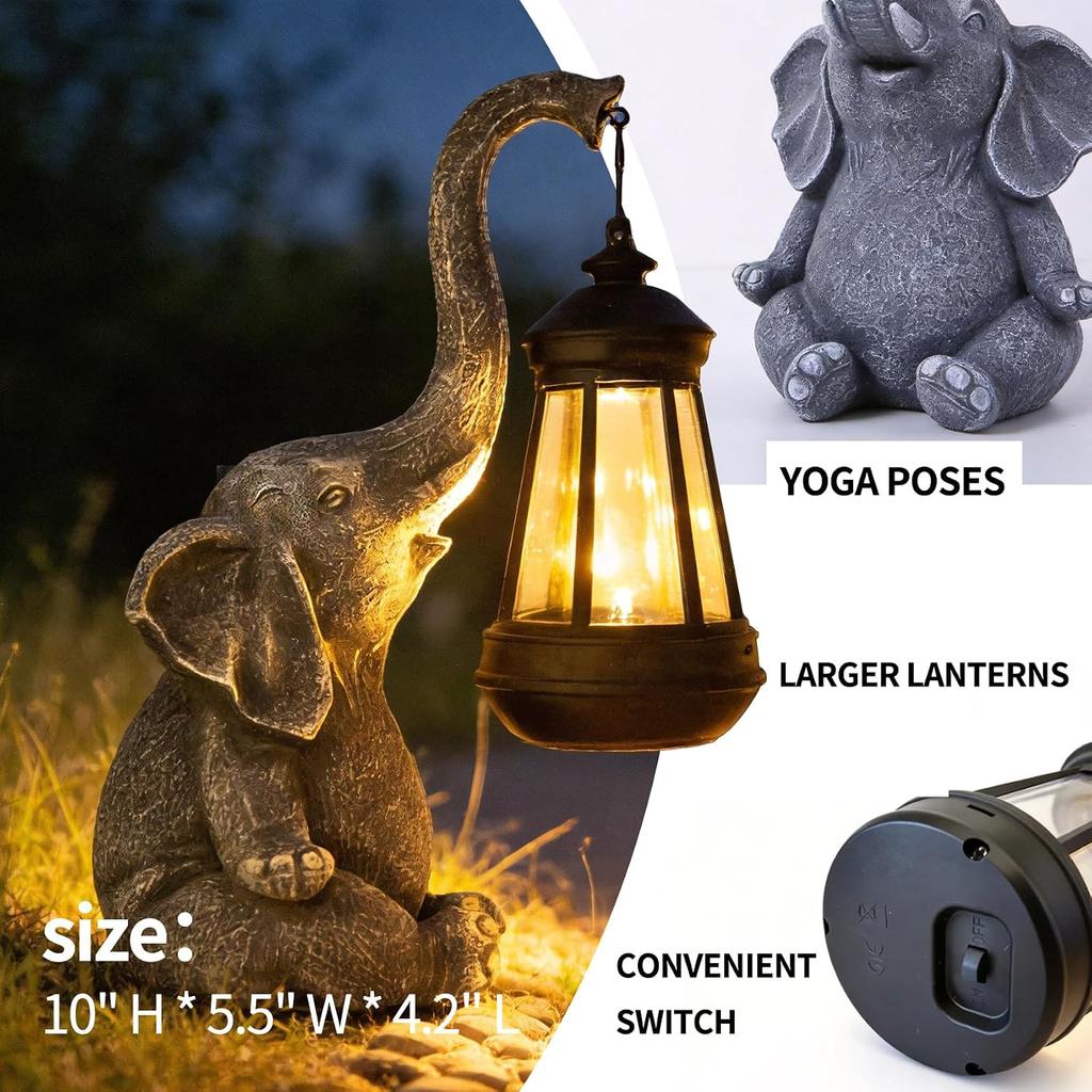 Solar Elephant Statue Outdoor Garden Decor - 10" Resin Elephant Figurine with Hanging Solar Lantern, Waterproof Patio Yard Art, Lucky Elephant Gifts