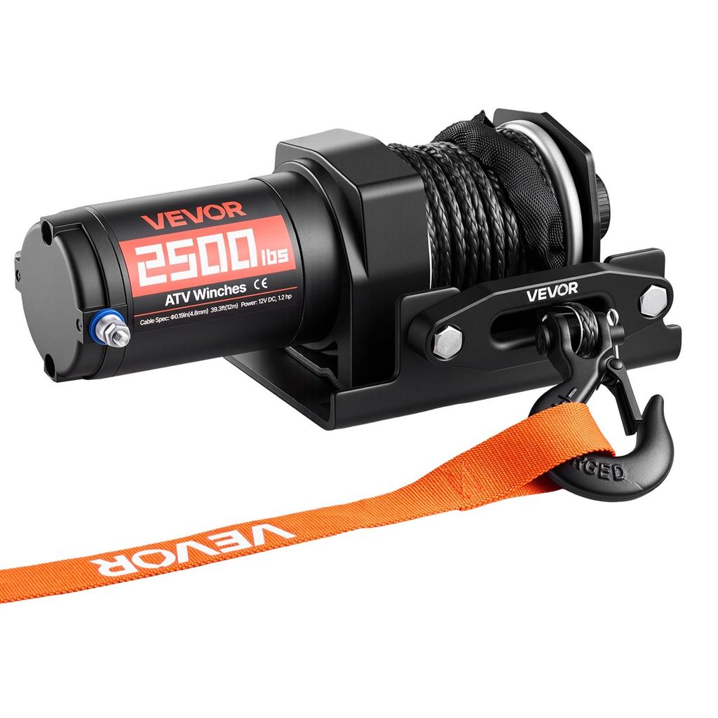 Wciągarka elektryczna 1134 kg, Wciągarka 12V DC do ATV/UTV z liną syntetyczną 4,8 mm x 12 m i przewodowym pilotem zdalnego sterowania, Wodoodporność IP55, Rolka prowadząca z aluminiową obudową