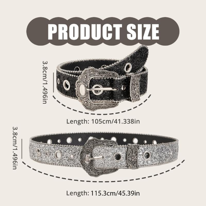 Moderne geschnitzte Dornschließe Gürtel für Damen Funkelnde Pailletten PU-Taillengürtel für Hosen Jeans Lässig Formelles Taillenaccessoire