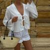 Bavlněná ležérní šortková souprava Volný kardigan na zavazování+Šortky Dámská dvoudílná souprava Jaro/Léto 2025