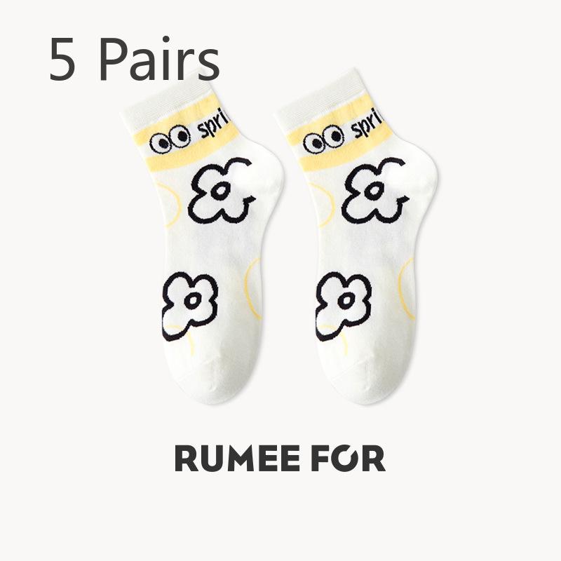5 Pairs of Women's New Versatile Cute Cartoon Three Dimensional Flower Tube Cotton Socks