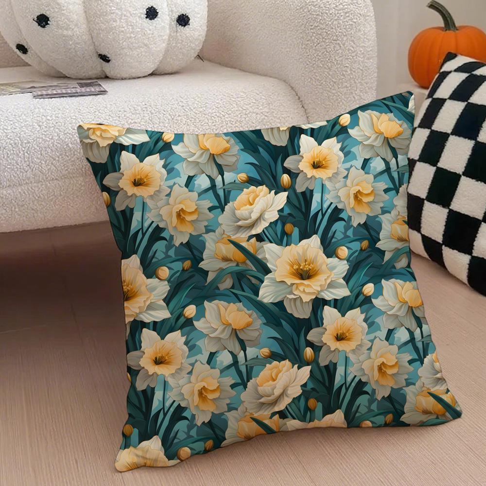 Warm bright yellow Daffodil Narcissus flowers Cushion Cover Throw Pillow Cover Hidden Button Durable Polyester Chair Cushion