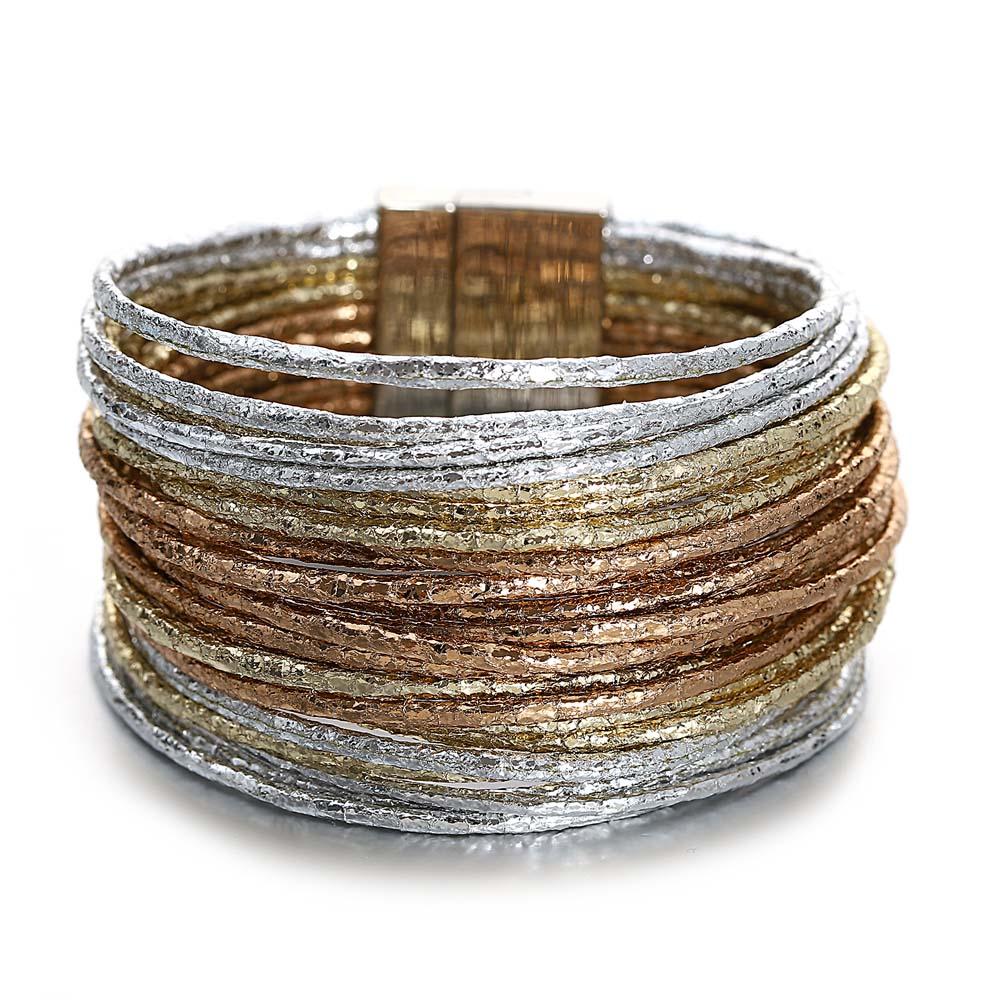 Amorcome Simple Mixed Color Shiny Leather Bracelets for Women Fashion Boho Multilayer Strips Wide Wrap Bracelet Femme Jewelry
