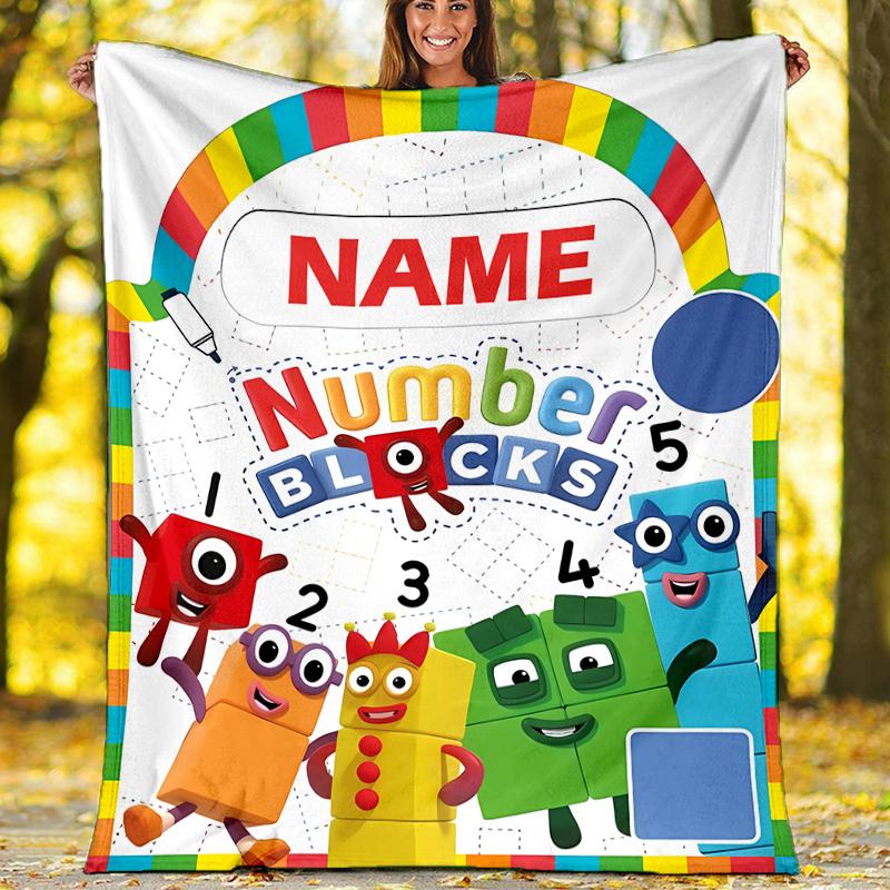 Customizable 3D-Number-Blocks-Cartoon Throw Blanket – Personalized Name, All-Season Cozy Snug Blanket, Machine Washable, Personalized Blanket