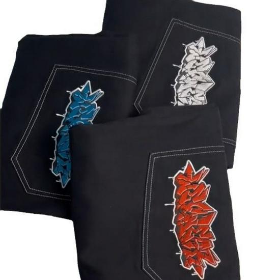European High Street JNCO Pattern Embroidered Hip-Hop Loose Wide Leg Jeans