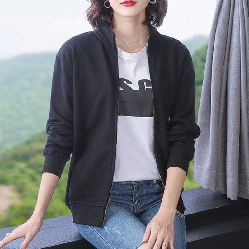 

Осеннее однотонное пальто оверсайз свободного кроя, куртка на молнии, женский европейский и американский стиль кэжуал, универсальное пальто с длинным рукавом, женский свитер 2402 stand collar black L