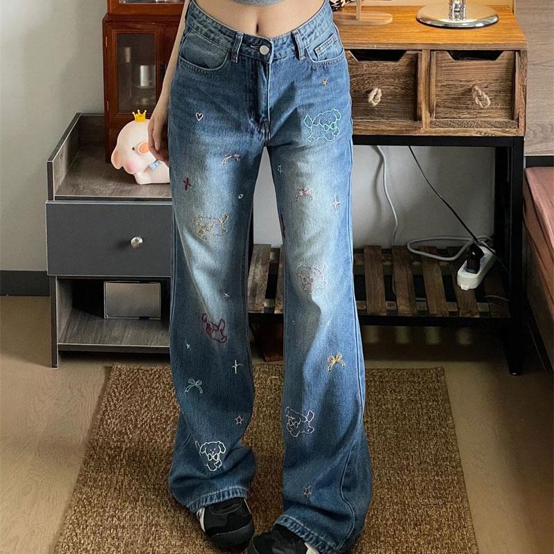 

Стильні Милі Цуценята Вишивка Широкі Джинси Весна Осінь Висока Талія Джинсові Штани Жіночий Одяг Вінтажний Повсякденний Прямі Штани S синій