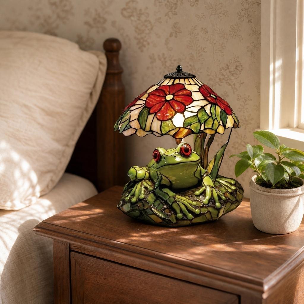 Resin Frog Figurine LED Table Lamp Stained Glass Style Shade Home Decoration Light Accent Piece for Living Room Bedroom Desk Use