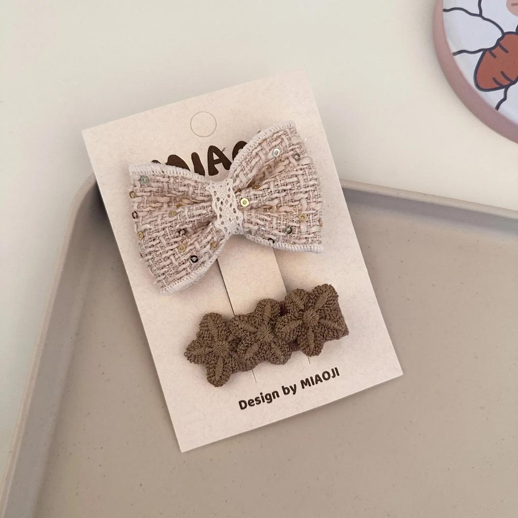 Lace Bow Press Clip Beige Coffee Color Bowknot Floral Hairpin Sweet Princess Baby Headwear Hair Clip