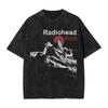Tricou Vintage Supradimensionat cu Spălare Acidă și Mânecă Scurtă cu Imprimeu Grafic Kid A Mountain Radiohead