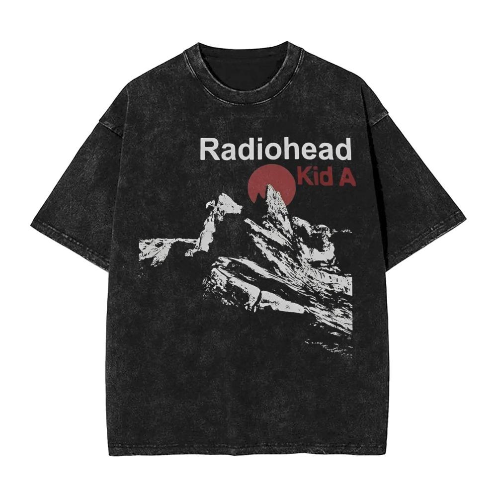 

Свободная винтажная футболка с коротким рукавом кислотной стирки с принтом Radiohead Kid A Mountain L