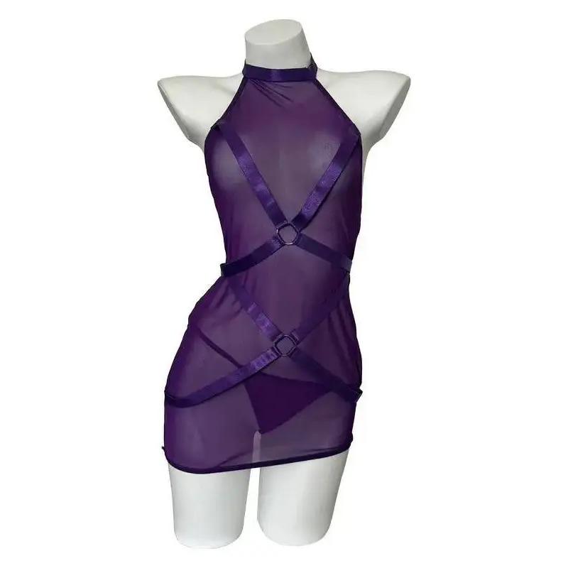 Sexy Hot Girl Mesh Patchwork One-Piece Tie Sleepwear See-Through Hip-Revealing Uniform Nightdress Dress Elegant Fashion AOF9