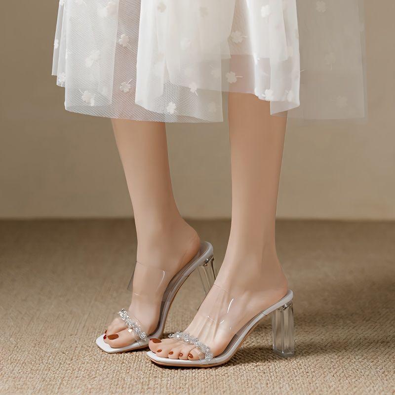 French Rhinestone Premium Transparent Crystal Heel Sandals Women's Word with Thick Heels Slippers High Heels Wear Sandals