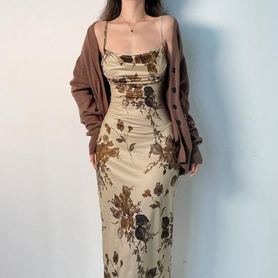 Kadın Yaz Y2k Vintage Askılı Elbise Retro Çiçek Baskılı Kolsuz Yaz Partisi Kadınlar İçin Uzun Elbiseler Zarif Kadın Elbiseleri