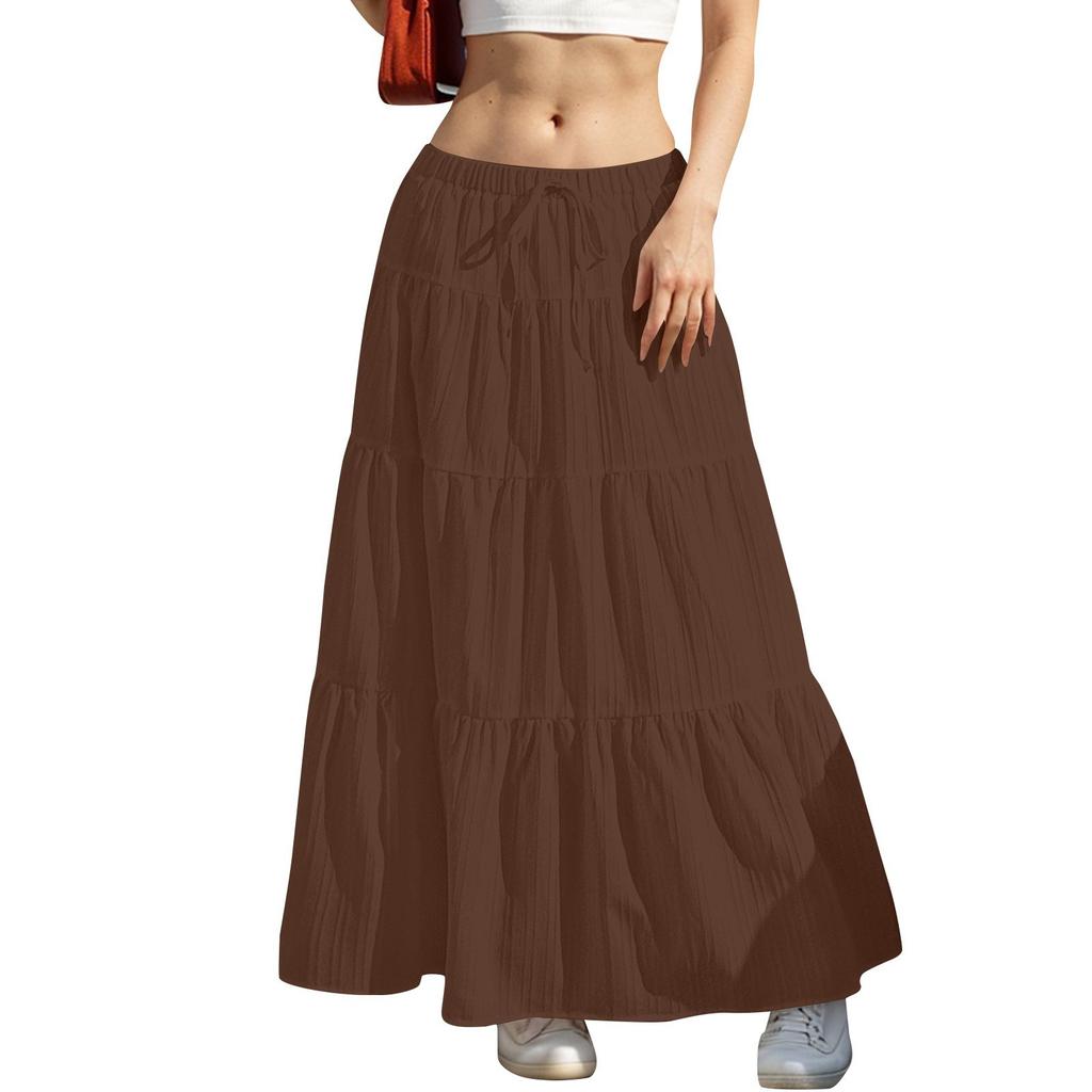 Women's Drawstring High Rise Midi Skirt Tiered Ruffle Maxi Skirt Casual Summer Long Skirt