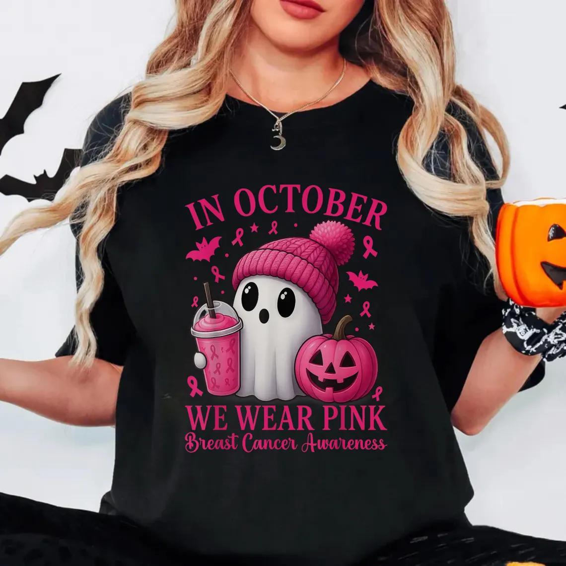 

In October We Wear Pink Friends Horror Movie Killers Print TShirt Women Loose Short Sleeve Round Neck Top 4XL