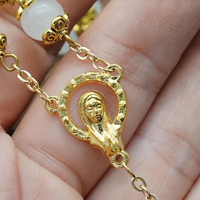 Natural White Jade Marrow Rose Rosary Beads Bracelet Cross Pendant Catholic Jewelry Commemorative Day Festival Exquisite Gift
