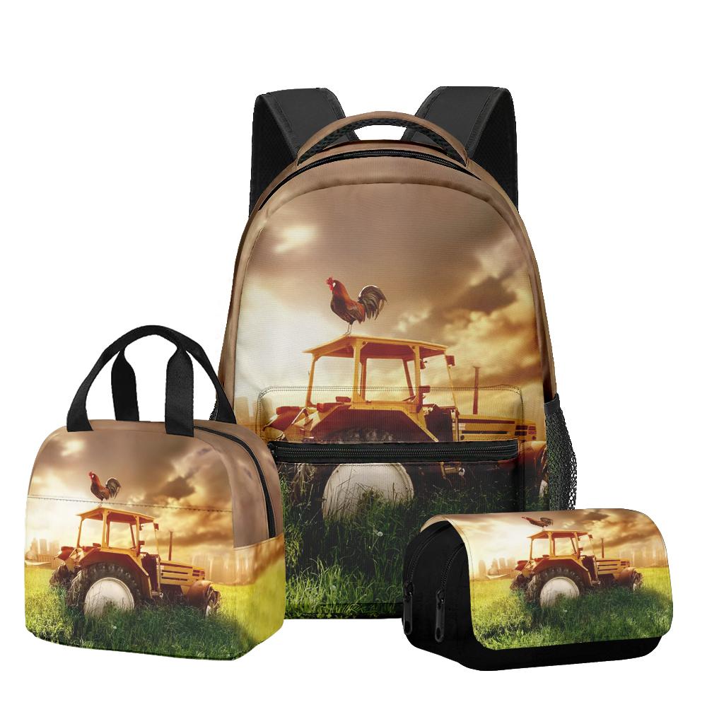 Classic Novelty Cool Tractor pattern 3D Printed 3pcs/Set Student School Bags Laptop Daypack Backpack Lunch bag Pencil Case