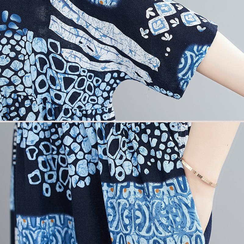 Hennep Katoen Rustieke Stijl Print Retro Zomer Plus Size Dames Losse Dunne Korte Mouw Zwaai Jurken