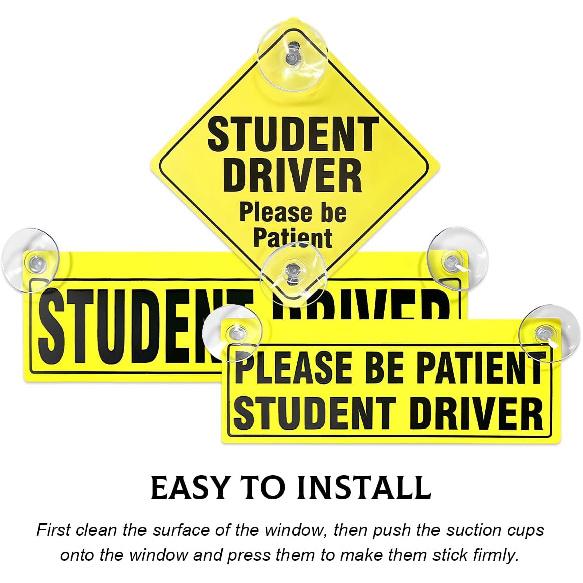 3 PCS Student Driver Sticker, Removable Reble New Driver Sign with Suction Cups, Please Be Patient Novice Driver Safety Warning, Rookie Driver