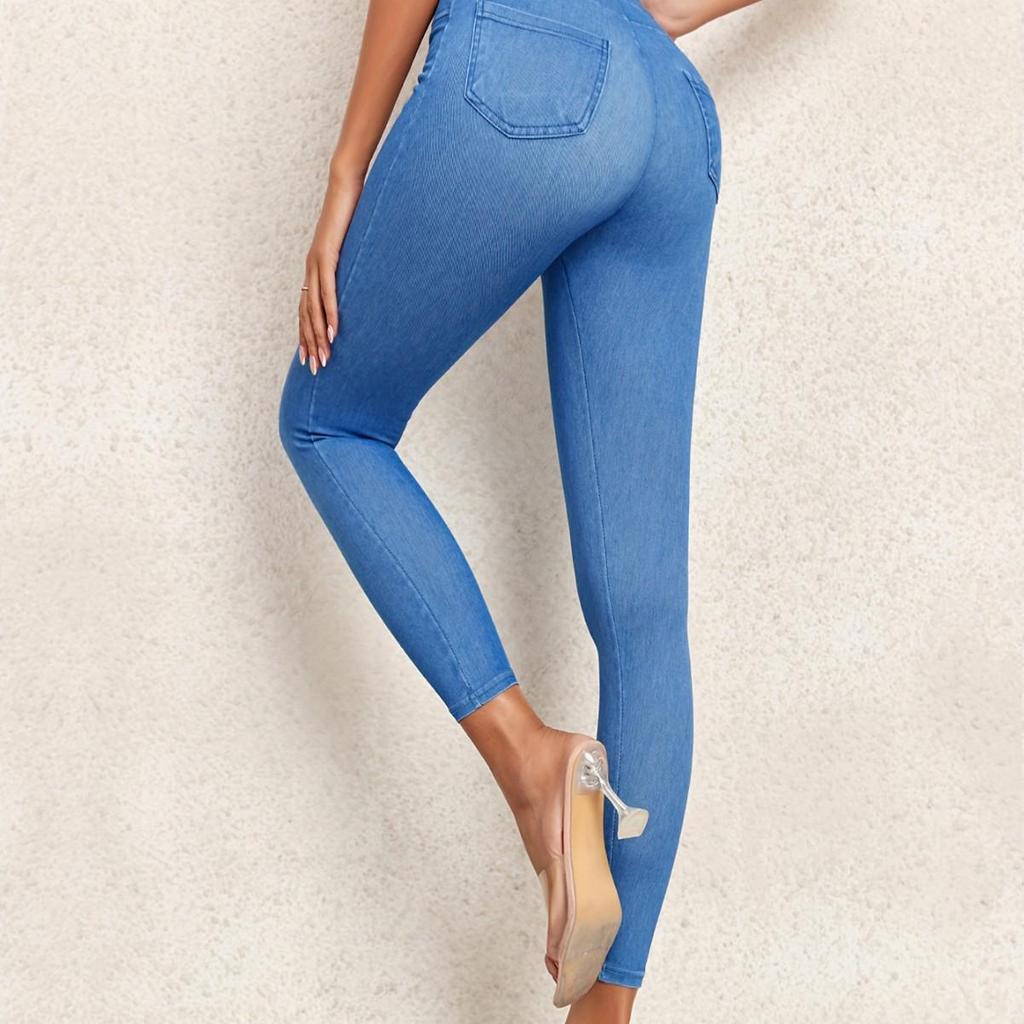 European-Style Faux Denim Yoga Pants: Slimming, High-Waist, Tummy Control, Leg-Lifting, Hip-Enhancing with Pockets.