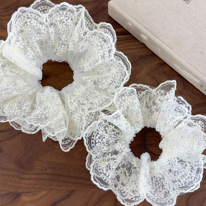 Ballet Style French White Lace Embroidery Large Hair Scrunchies For Women Retro Sweet Mesh Hair Bands Hair Ties Ponytail Holder