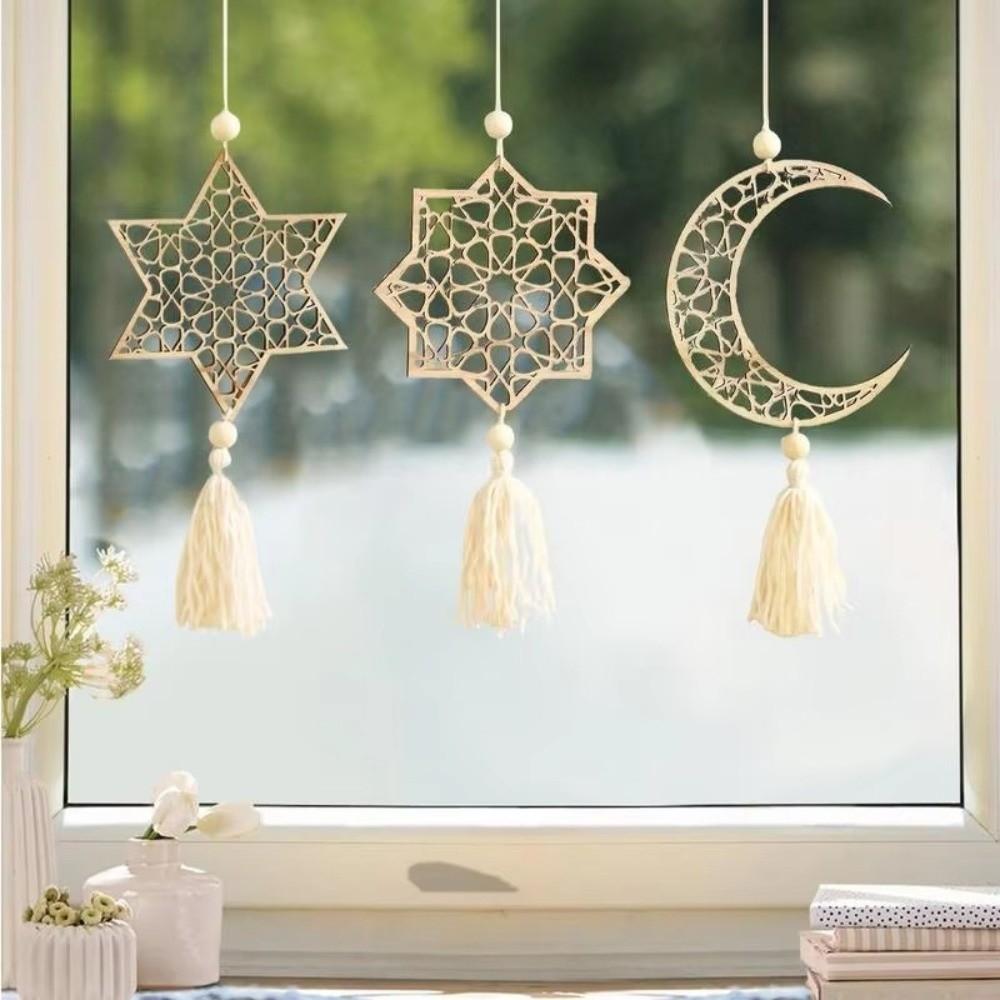 with Tassels Moon Star Hollow Mesh Wall Decor Wooden Handicraft Pendant  Ramadan Celebration