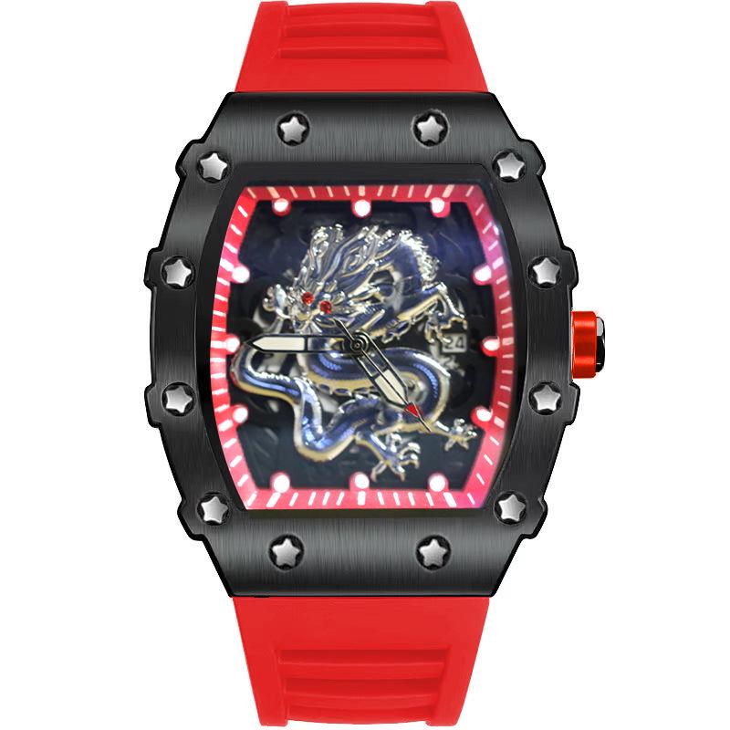 2024 Herren Tonneau Silber Drache Quarz Uhr: Lässig, Sportlich, Leuchtend, Wasserdicht, Vollautomatisch.