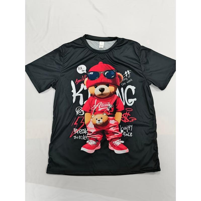 Men's Hip Hop Bear T-Shirt Cool Teddy Bear Wearing Sunglasses Red Hat Graphic Printed Short Sleeve Casual O-Neck Streetwear Tee Tops Men Clothing