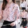 Damen Digitaldruck Langarm Bluse Top Knöpfe Manschette Krawatte Schleife Pullover