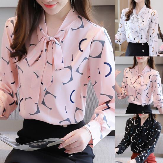 Damen Digitaldruck Langarm Bluse Top Knöpfe Manschette Krawatte Schleife Pullover