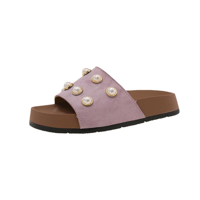 

Frosted open-toed Borken slippers for women to wear 2025 summer Korean version of the new pearl one-word beach Roman slippers for women 40 лавандовий